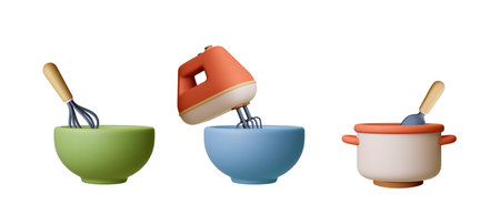 3d Cooking processes, 3d crockery. Ceramic bowl, saucepan on stove, whipping with mixer and whisk....