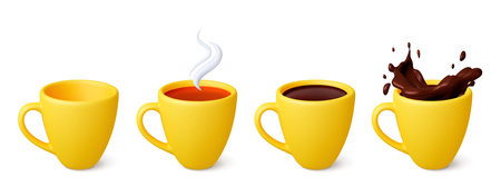 3d Yellow mug 3d icon. Isolated empty cup tea coffee and chocolate splash. Crockery realistic render design. Cups with drinks, hot beverages vector set original artworkのイラスト素材