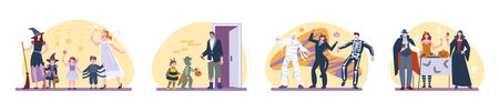 Halloween party. Adults children autumn festive activities, trick or treat dancing drinking scaring. Kids and parents wear masquerade costumes, kicky vector scenes original artworkのイラスト素材