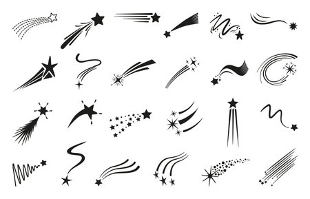 Falling stars black silhouettes. Star icons with tails and trails. Flying comets different shapes, galaxy or universe elements. Starburst neoteric vector set original artworkのイラスト素材