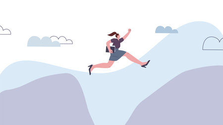 Business woman jumps over abyss from mountain to mountain. Own business, overcoming difficulties at work and in life. Strong girl vector concept original artworkのイラスト素材