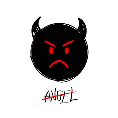 Clothes print design devil face and crossed out angel word. Angry character hand drawn style with red emotional expression, vector template original artworkのイラスト素材