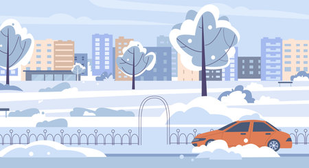 City park in snow. Winter time, north town or village. Snowy urban landscape with car buildings benches and tree. Seasonal flat vector illustration original artworkのイラスト素材