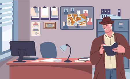 Detective office interior with private police agent character. Investigation work, man thinking about evidences and writing in notebook. Investigator vector scene original artworkのイラスト素材