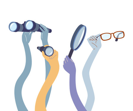Elastic cartoon hands. Flexible hand looking around, hold eyeglasses, binocular, magnifying glass and telescope. Search discovery vector concept original artworkのイラスト素材
