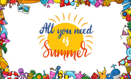 Stylish summer frame card design. Lettering phrase all you need in summer. Rest beach vibes, ice...