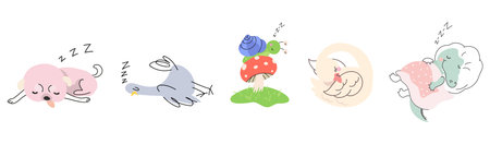 Animals sleeping in different poses. Dog pigeon snail crocodile and swan. Resting wild animal, insect, birds and pet. Isolated funny vector characters original artworkのイラスト素材