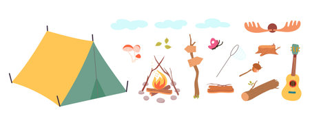 Camping cartoon elements. Isolated tent, fire, wooden log, leaves and destination sign. Net for butterfly, clouds and mushroom, vector landscape clipart original artworkのイラスト素材