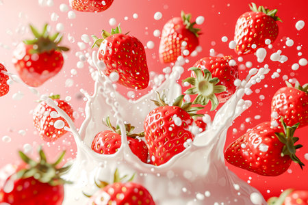 3d render of strawberries falling into yogurt, cream, milk with splash. Close up of splatters and berries. Generative AIの写真素材