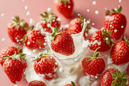 Falling strawberries in cream, yogurt, milk with a splash. Close up of white splatters, berries. Generative AIの写真素材