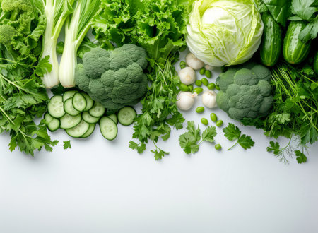 Variety of healthy detox organic vegetables only green color on white background. Copy space on bottom. Generative AIの写真素材