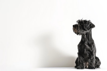 A charming miniature schnauzer sits gracefully in a bright and airy room. The dog's unique coat and expressive posture highlight its delightful character, perfect for adding personalized touches.の素材