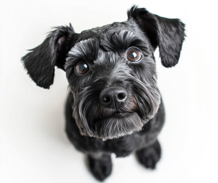 A miniature schnauzer sits upright, showing its expressive eyes and fluffy black fur. The dog appears curious and playful, surrounded by a bright and uncluttered backdrop.の素材