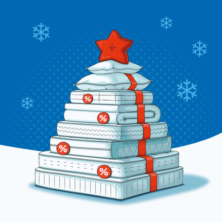 Christmas themed display of mattresses stacked in a pyramid shape with a red star pillow on top, promoting holiday sales and discounts during the festive seasonのイラスト素材