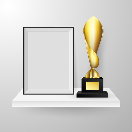 Realistic 3d Modern golden cup trophy and blank frame on white shelf on white background. Realistic 3d Golden trophy and blank frame on white shelf on white background  illustrationのイラスト素材