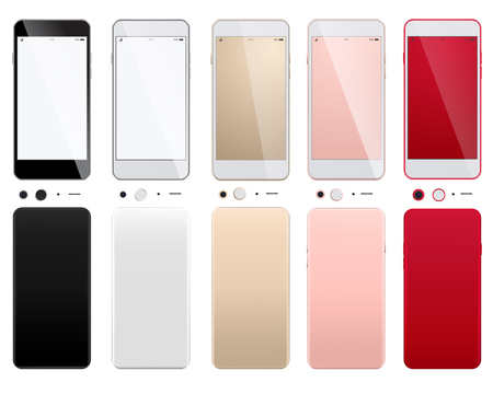 Realistic white smartphone isolated on white background. Mobile phone mockup with blank screen isolated on white background. Set of modern smartphones on a white background with front and back sidesのイラスト素材
