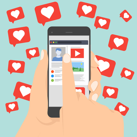 Likes notification icon vector leaving the smartphone on social network, love symbol for your design, website, logo, application. Social network notifications on mobile phone screen. Social networkingのイラスト素材