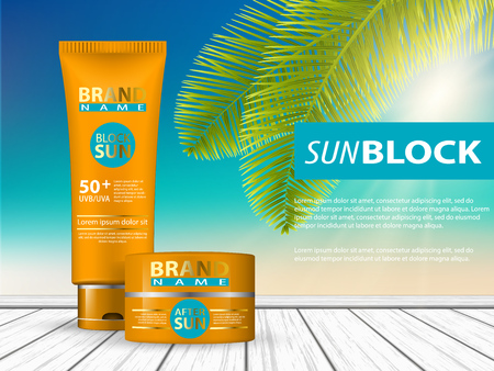 3d sunscreen protection sun care cosmetics containers orange set vector illustration - stock vector. Realistic tube of sunscreen and spray - a template for advertising. Advertising sunscreen and sprayのイラスト素材