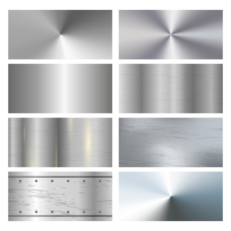 Metal texture background with rivets. Metal surface finishing texture realistic icons collection with satin brushed and polish samples. Metal texture realistic sheets horizontal banners set of panels.のイラスト素材