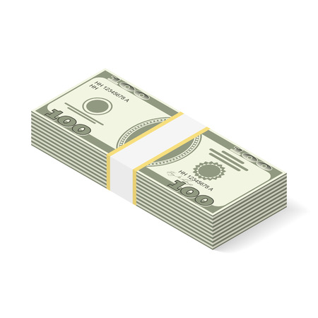 Dollars isometric icon isolated on white background. Stacked pile of hundred us dollar cash. Vector isometric illustration. American dollars, pack, packet. Packed dollars money.のイラスト素材