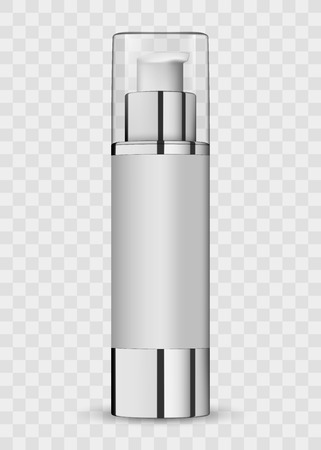 3d white realistic cosmetic package icon empty tubes on transparent background vector illustration. Realistic white plastic bottle for cream liquid soap with a pump.のイラスト素材