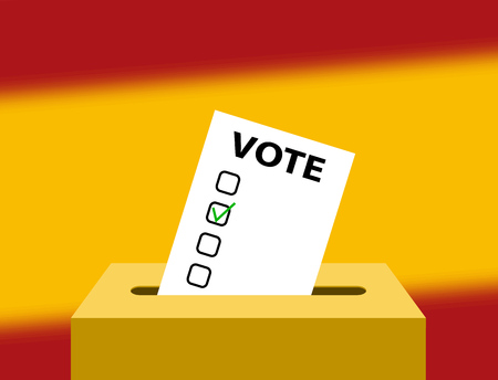 Voting Concept - Urns for voting with the national flag of Spain in the background. Box for votes and checking blank. Spain Editable voting box and flag. Elections in Spain ballot box.のイラスト素材