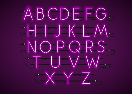 Purple neon character font set on purple background. Glowing Neon Bar Alphabet. Used pattern brushes included. There are fastening elements in a symbol palette, vector illustration.のイラスト素材