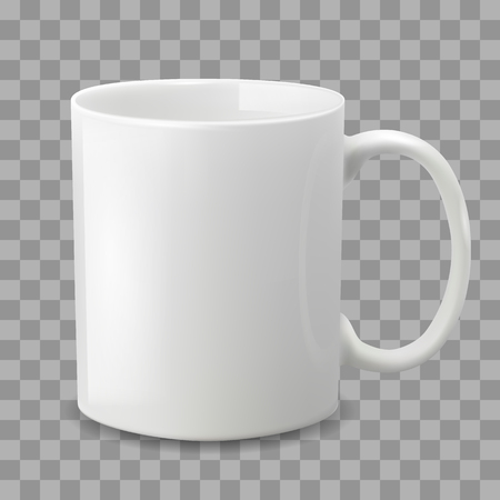 Photo realistic white cup isolated on the transparent background. Design Template for Mock Up. Vector illustration. Template ceramic clean white mug with a matte effect, without the bright glare.のイラスト素材