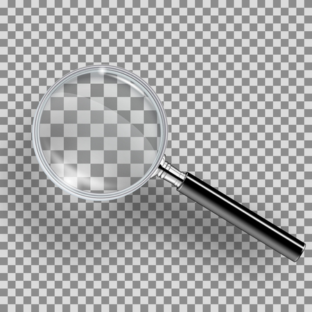 Realistic loupe with black handle, highlights, shadow. Magnifying glass realistic isolated on transparent background. Reading-glass with highlights and with magnification effectのイラスト素材
