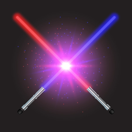 Two Crossed Light Swords Fight. Blue and Red Crossing Lasers. Glowing sabers in space. Design elements with flares and sparkles for your projects.のイラスト素材
