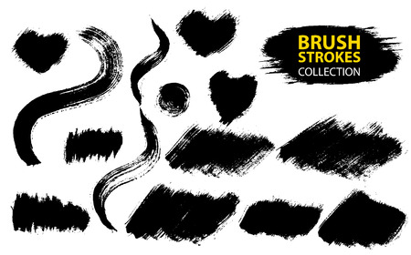 Set of black paint, ink, grunge, dirty brush strokes. Dirty artistic design element, box, frame or background  for text. Isolated on white background. Vector set of grunge brush strokes.のイラスト素材