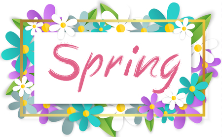 Design of the spring banner with bright flowers frame. Spring flowers with white frame template for advertising voucher banner on a holiday, wedding day, shopping salesのイラスト素材