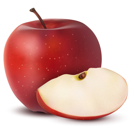 Realistic 3d vector ripe red apple with a texture on a white background with a juicy slice. Isolated red apple with a texture close-up template for advertising fruit, juice realistic vectorのイラスト素材