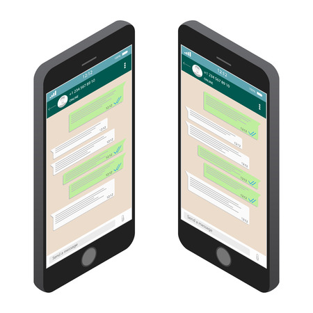 Isometric Social network concept. Blank template. Chatting and messaging. SMS messages sending. Vector modern chatting window. Chatting and messaging concept. Isometric Vector.のイラスト素材