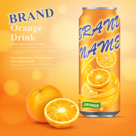Orange juice advertising realistic design. Vector 3d illustration. Soft drink aluminium can template design. Ad poster with aluminum jar and slices of juicy orangeのイラスト素材