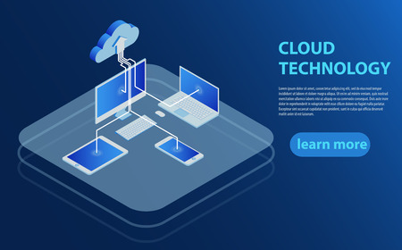 Cloud computing technology users network configuration isometric advertisement poster with pc monitor tablet phone laptop. Isometric modern cloud technology and networking concept.のイラスト素材