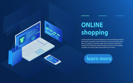 Concept of online shop, online store. Transfer money from card. Isometric  laptop, Bank card and shopping bag on blue background. 3d isometric vector illustration. Smart phone online shopping conceptのイラスト素材