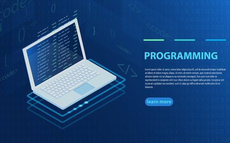 Programming and software development, program code on laptop screen, big data processing, computing isometric. Concept of programming, data processing. Computer code with windows on laptop screen.のイラスト素材
