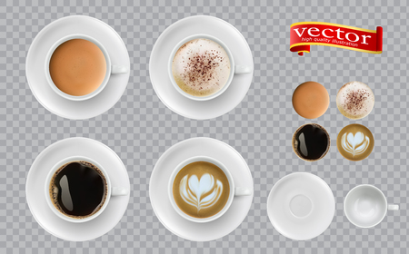 Coffee top view. Mugs with espresso cappuccino cocoa americano. Easy to edit 3d realistic vector illustration. Set of Coffee Cup - Mockup template for Cafe, Restaurant brand identity design.のイラスト素材