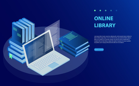 Laptop computer with library books. Online training courses, specialization, university studies. Online Learn or E-book library. Innovative education and technology. Flat isometric course educationのイラスト素材