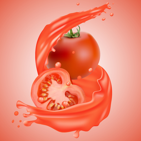 Ripe juicy tomato whole and slice, with splashes of tomato juice. splash of red juice for advertising or packaging. 3d realistic vector illustrationのイラスト素材