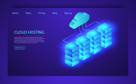 Concept of big data processing center, cloud database, server energy station of future. Server room banner, web hosting processing of big data concept. Data transmission technology data protection.のイラスト素材