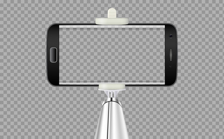 Selfie stick with mobile or cell phone with transparent background. Monopod Selfie stick with empty smartphone screen for your design.のイラスト素材