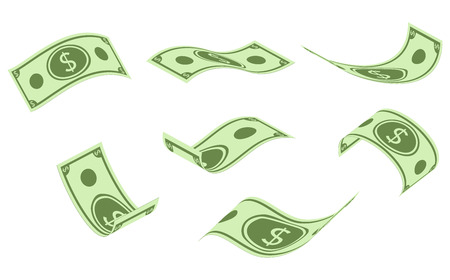 Falling dollar banknotes, money rain, flat vector illustration isolated on white background. American dollar falling set, animation ready. USD paper notes flying in the air.のイラスト素材