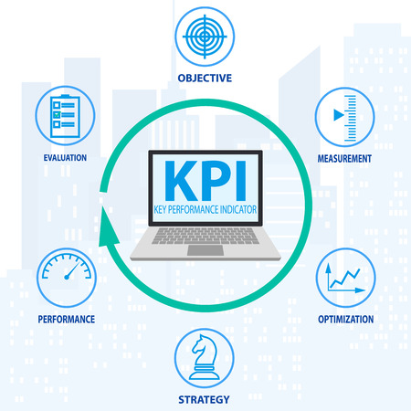 Infographic KPI concept with marketing icons. Key performance indicators banner for business, Measurement, Optimization, Strategy, Evaluation check list. Banner KPI infographics concept with icons.のイラスト素材