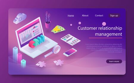 Customer relationship management CRM concept. Customer relationship management concept background. CRM concept design with vector elements. Outbound marketing vector business in isometric design.のイラスト素材