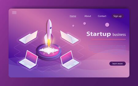 Startup 3d isometric style technology business concept web infographics vector illustration. Illustration concept of business product on market. Business startup isometric template with launch rocket.のイラスト素材
