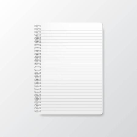 Blank realistic vector horizontal lined notebook with shadow. Vertical blank copybook with metallic silver spiral. Vector white realistic closed notebook. Realistic metal spiral vector blank notepadのイラスト素材