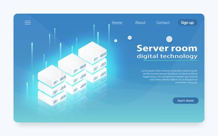 Cloud data center, server room icon, information request processing, computer technologies. Big data flow processing concept, cloud database. Concept of big data processing, server room rackのイラスト素材