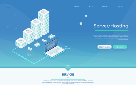 3d servers and data center connection network. Big data flow processing concept, cloud database, isometric vector, web hosting, server room. Concept of server hosting, big data processing, data centerのイラスト素材
